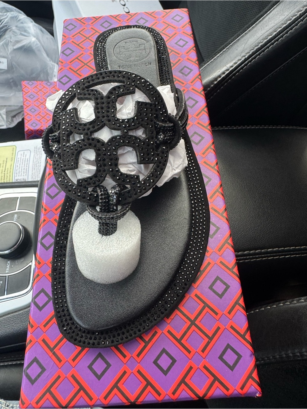 Tory Burch Black Miller Crystal Logo Thong Sandal